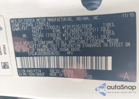 2011 Toyota Sienna Le z USA, uszkodzony, nr VIN 5TDJK3DC0BS016705